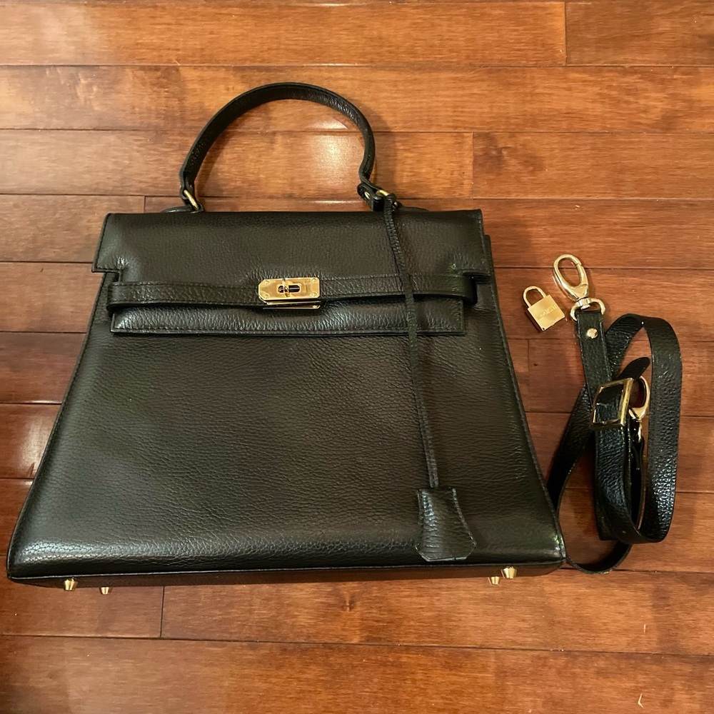 Francesco Rogani Black Italian Leather Top Handle Handbag w/ Crossbody Strap